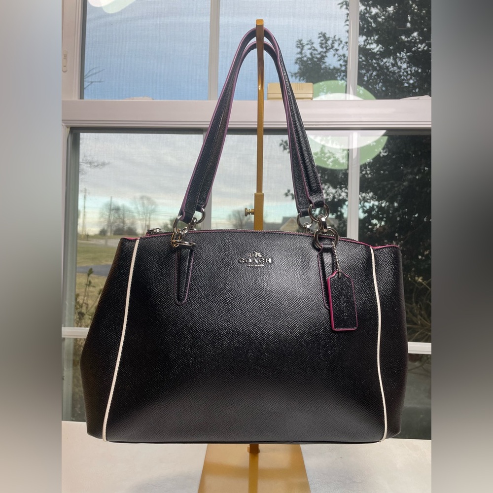 Coach Christie Carryall Black Crossgrain Leather with Pink/Magenta Piping NWOT - Picture 5 of 17